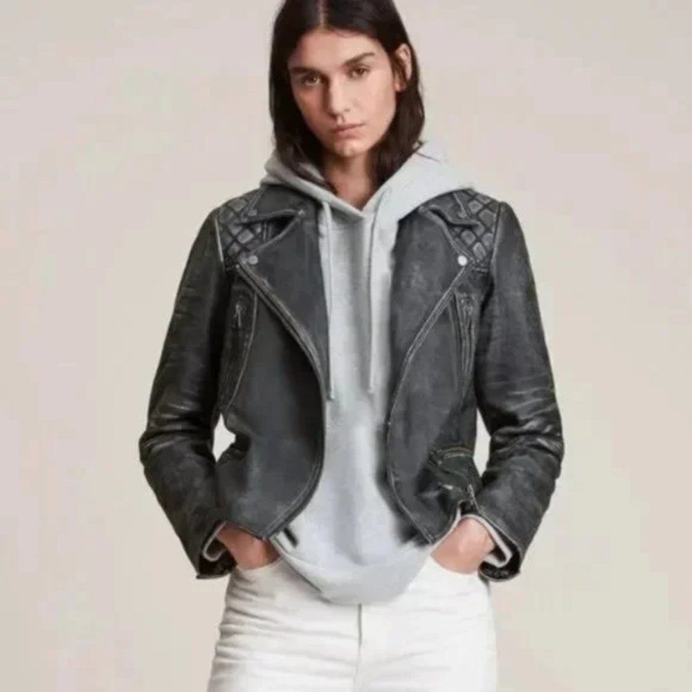 All Saints Cargo Leather Biker Jacket Black - Size US 2, EU 34, UK 6